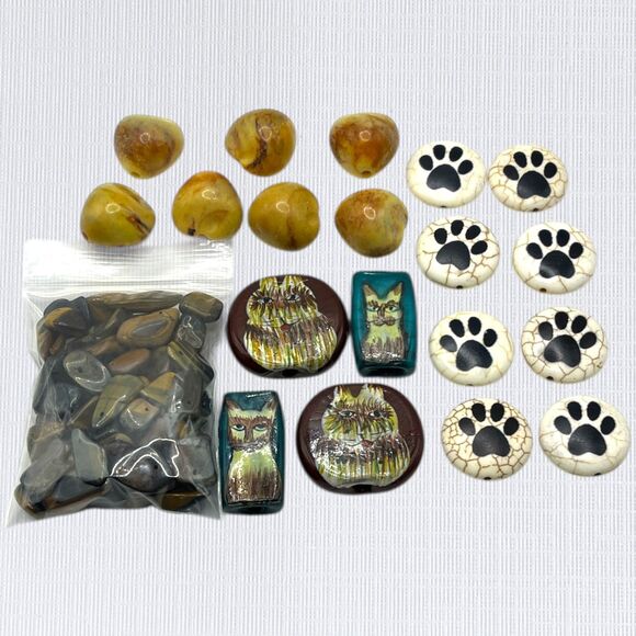 Mixed Lot Beads Chunky Hand Painted Glass Cat Tigers Eye Stone Paw Print Focal - Picture 2 of 13